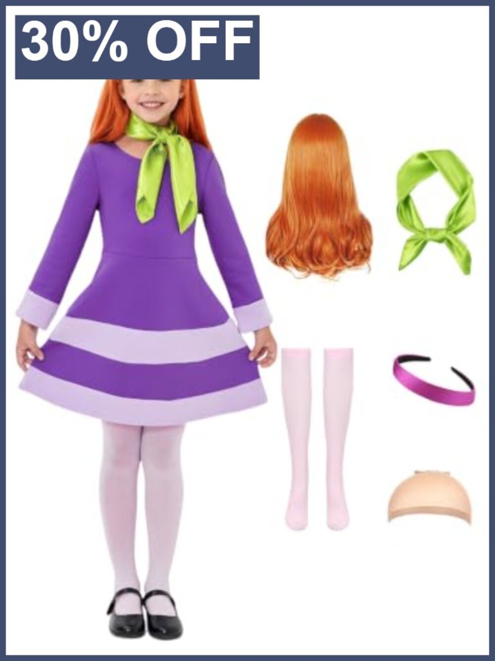 Girls Daphne Costume Long Sleeve Dress Scarf Wig Set Halloween Cosplay